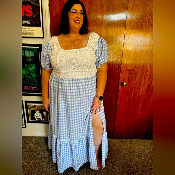 Blue gingham maxi dress with crochet back from ASOS. Size 26W, 26 - Picture 1 of 3